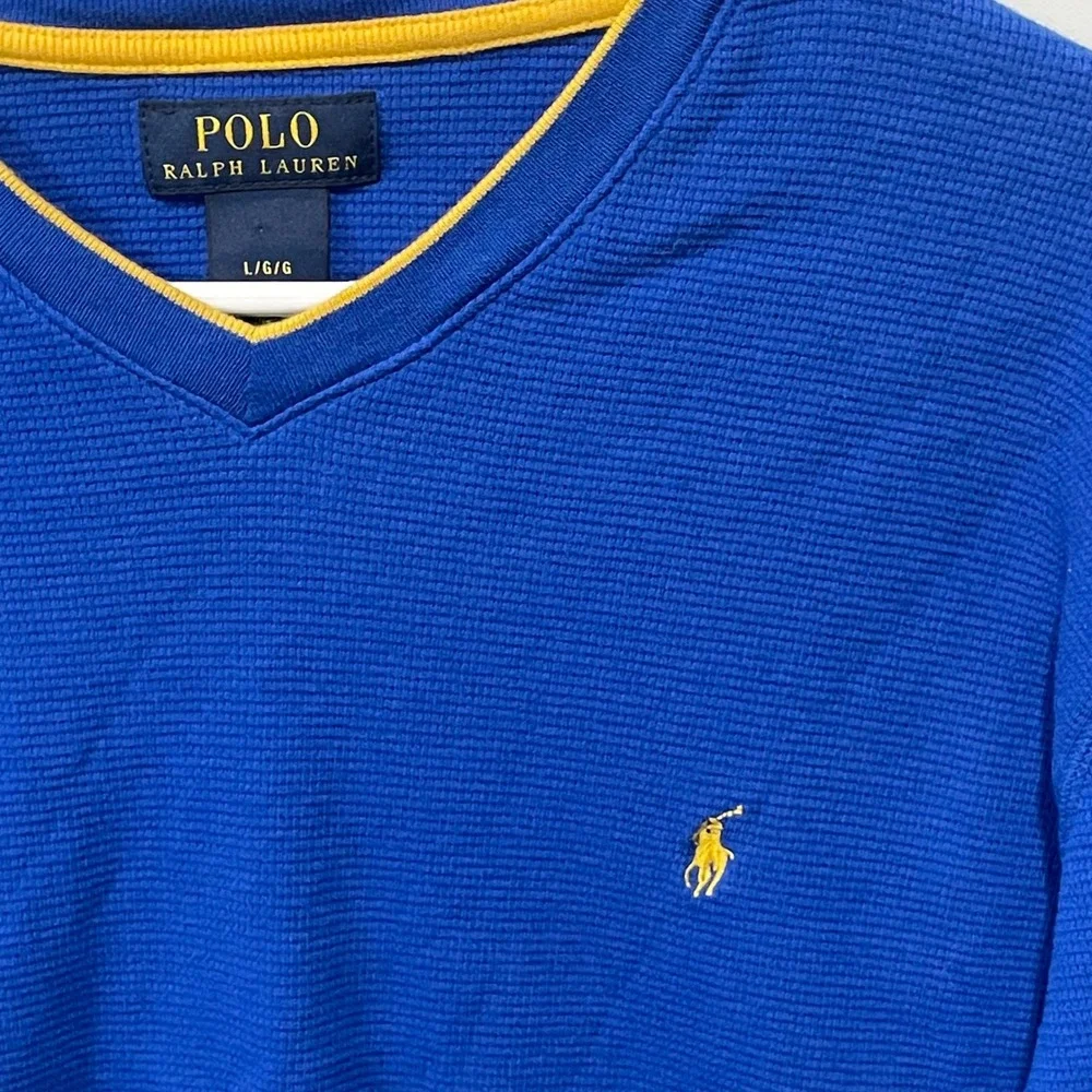 Polo Ralph‎ Lauren Men's Blue Waffle Knit V-Neck Long Sleeve Shirt Size L
